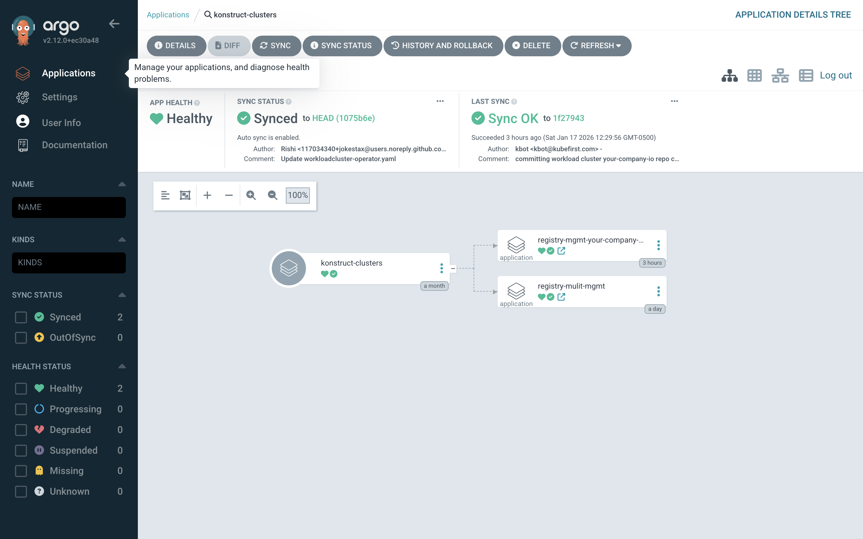 ArgoCD konstruct-clusters fully synced