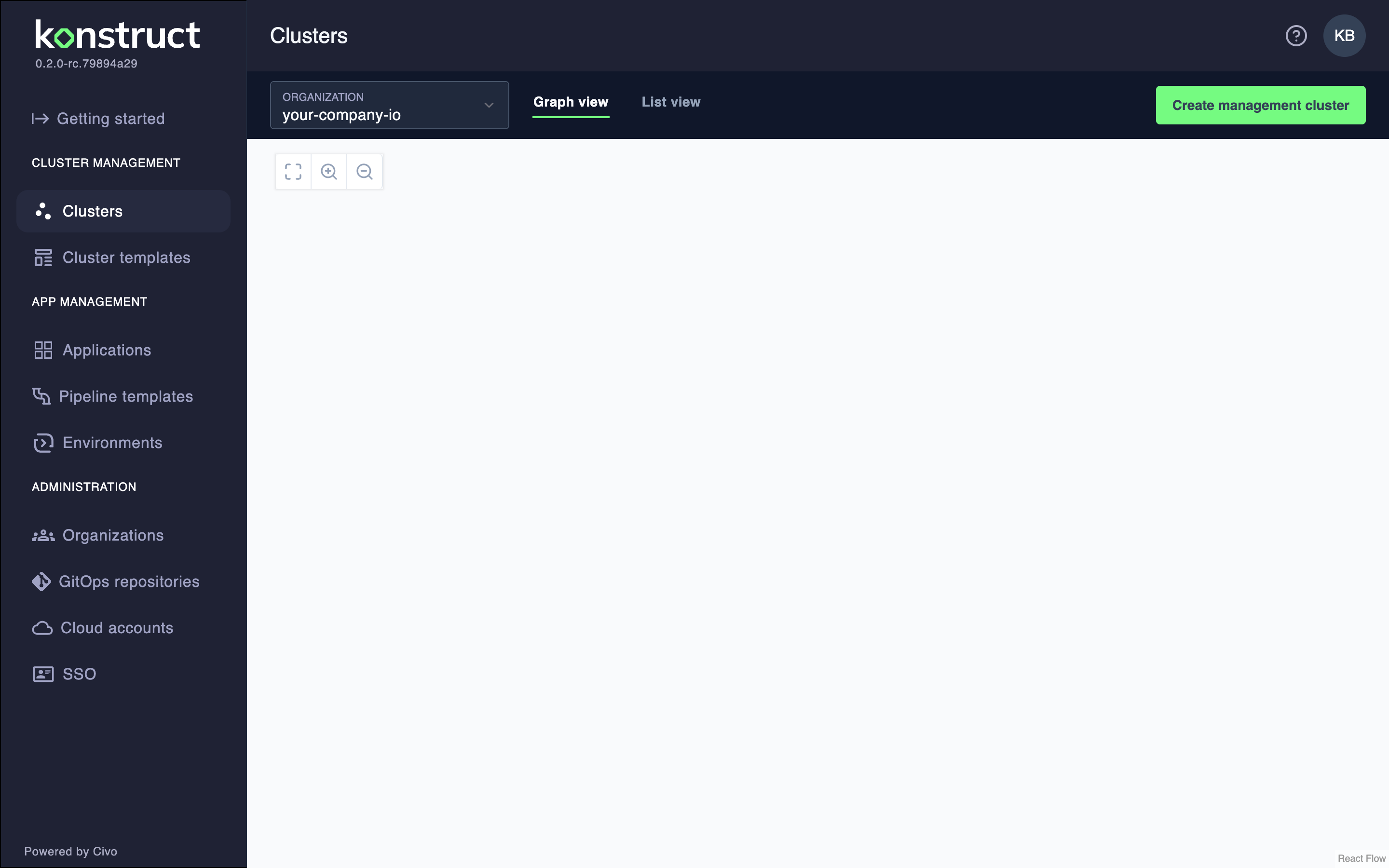 Clusters page showing Create management cluster button