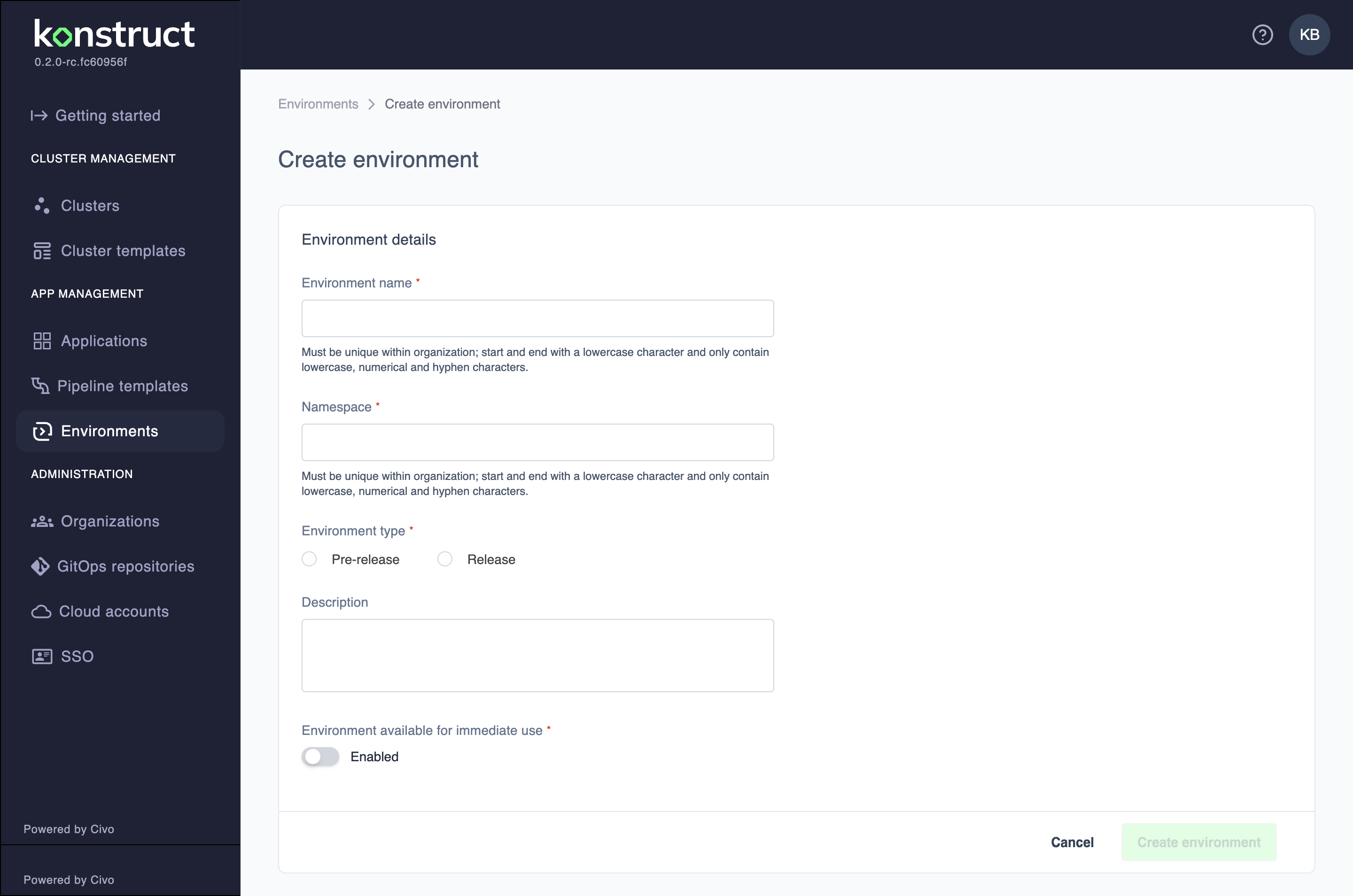 Create environment form