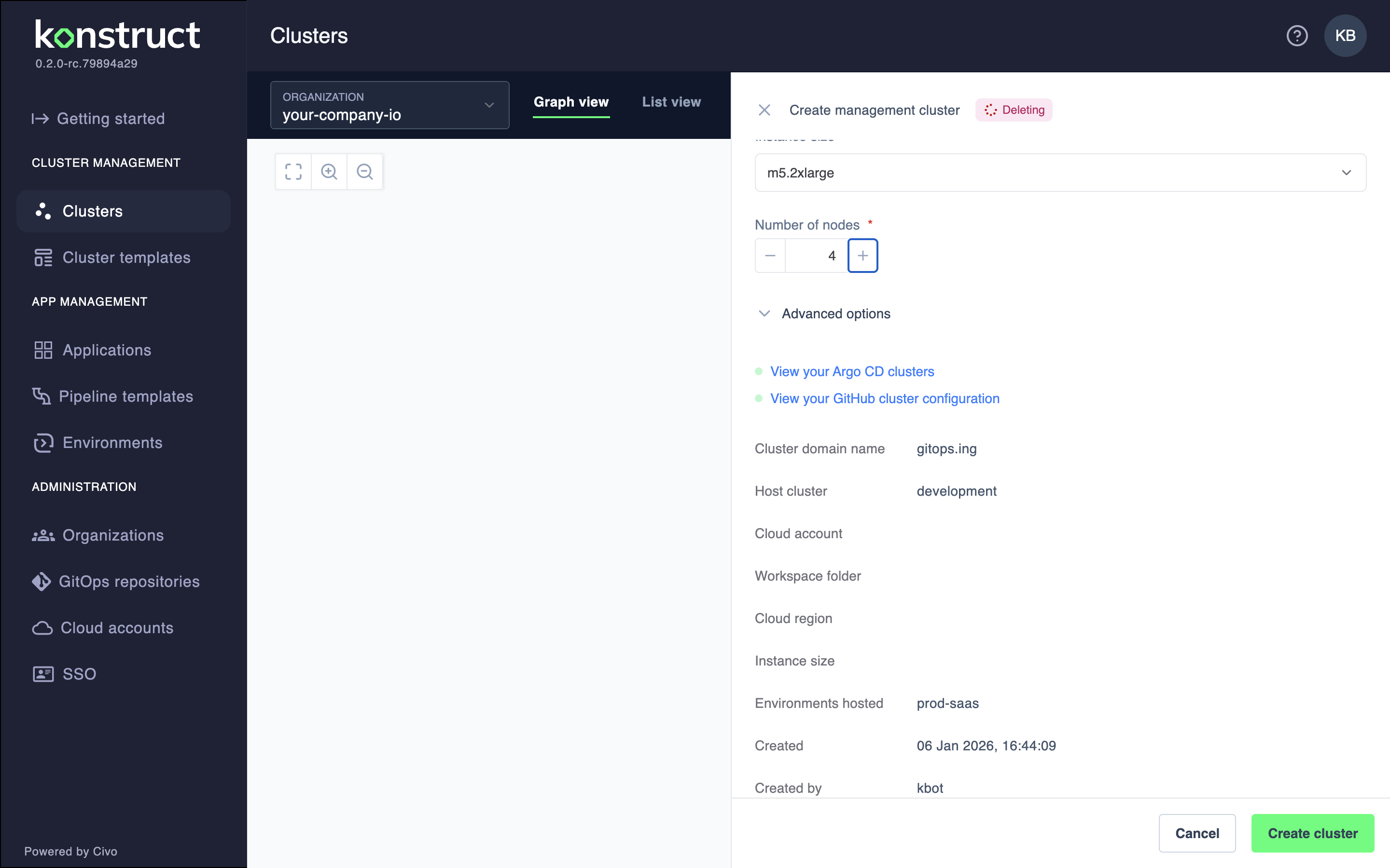 Management cluster creation form