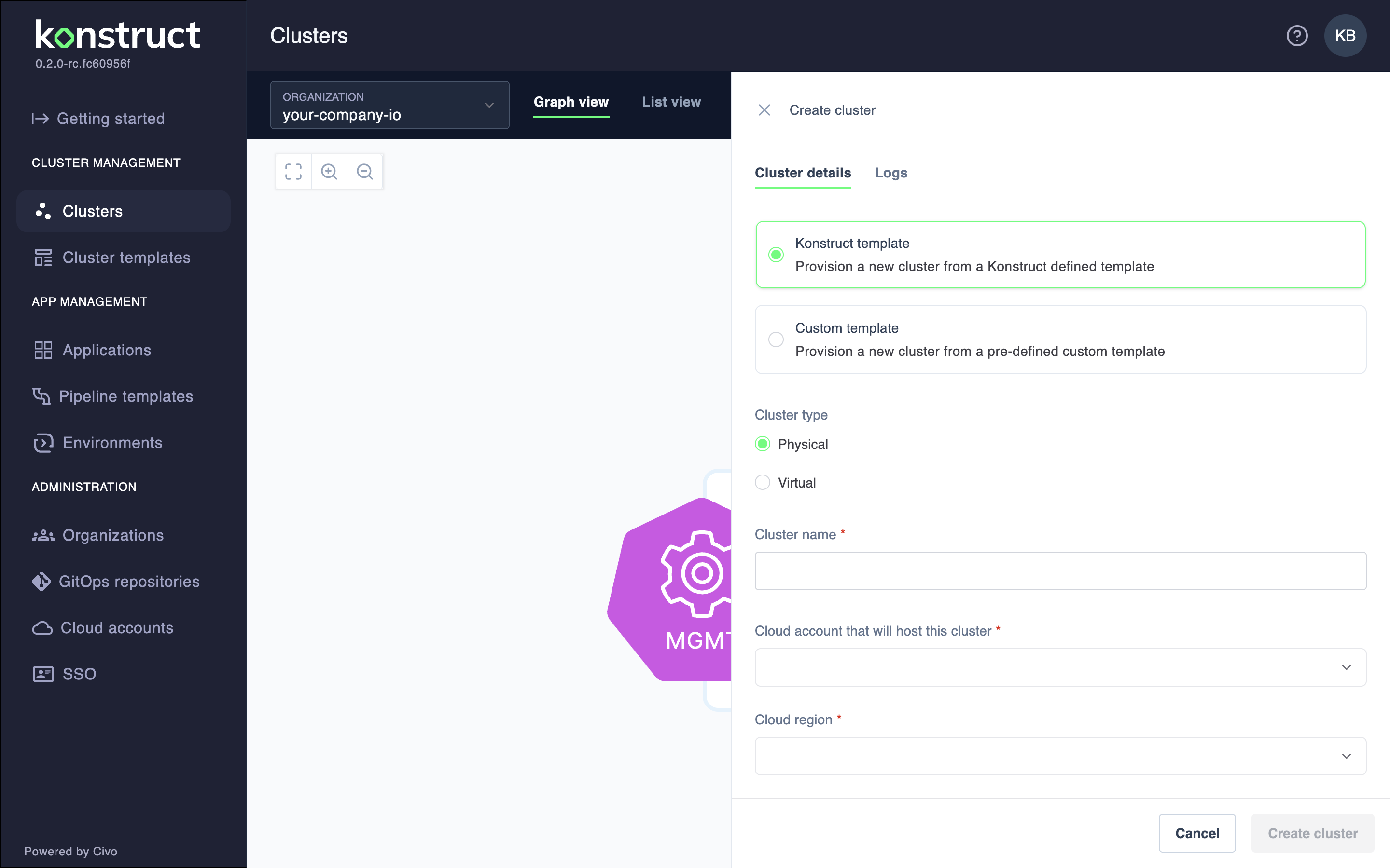 Workload cluster creation form
