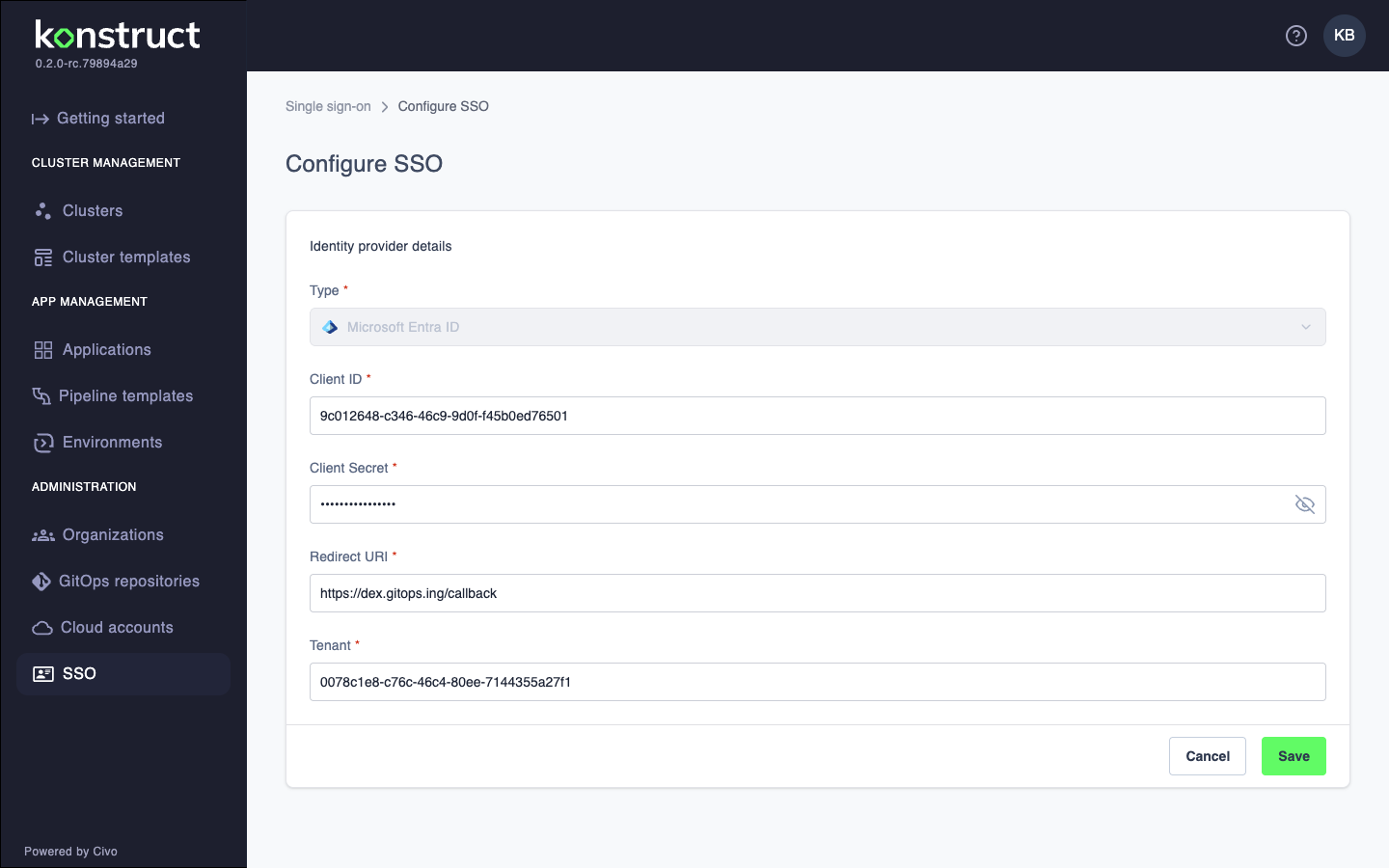 SSO Configuration Page